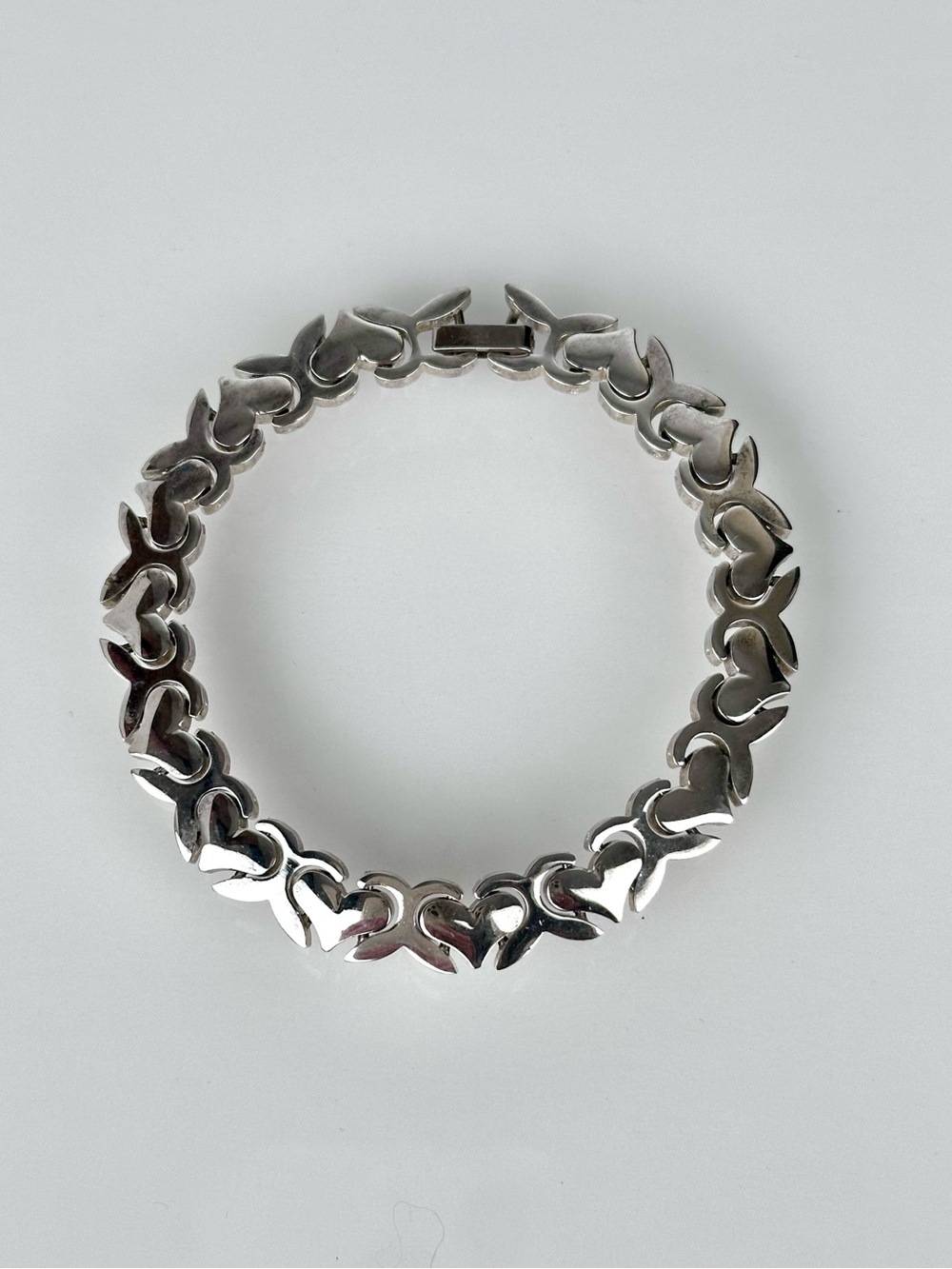 Vintage Mexico 925 Sterling Silver Heart & X Link Bracelet Signed